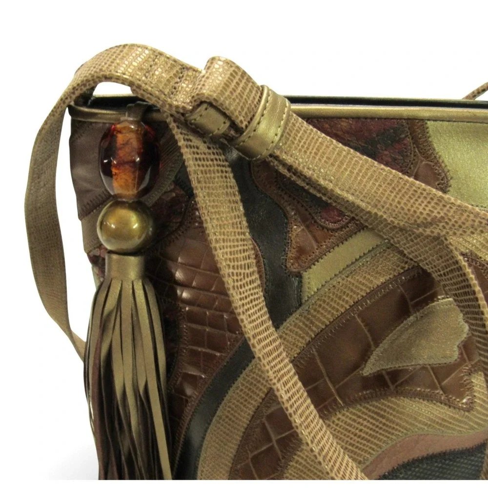 VTG SHARIF Brown/Multi LEATHER PATCHWORK Croc Embossed SHOULDER PURE BAG